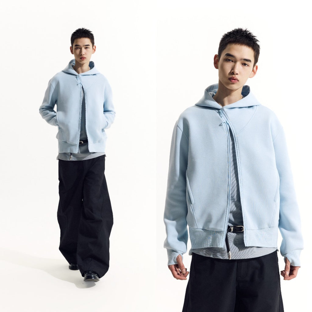 Diagonal Zip Hooded Jacket