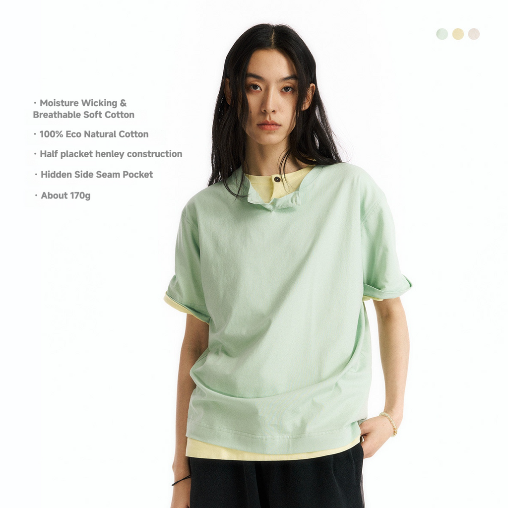 Short Sleeve Henley Shirt with Minimalist Wooden Buttons