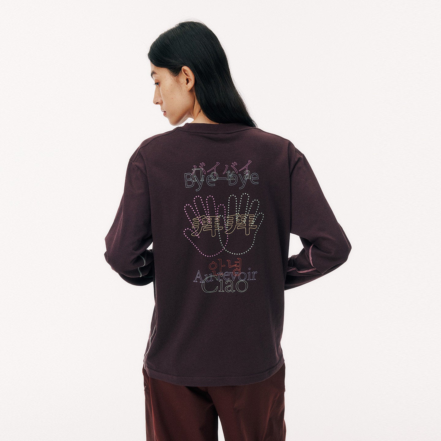 バイバイグラフィックTシャツ マルチリンガルファン長袖