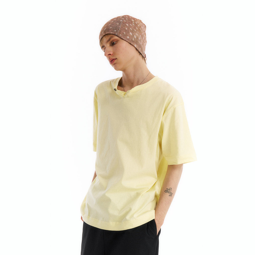Short Sleeve Henley Shirt with Minimalist Wooden Buttons